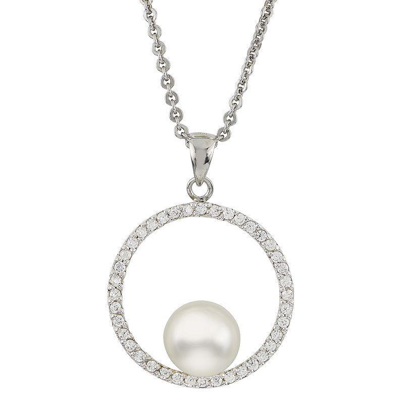 Sterling Silver Freshwater Cultured Pearl & Cubic Zirconia Circle Pendant, Womens White Product Image