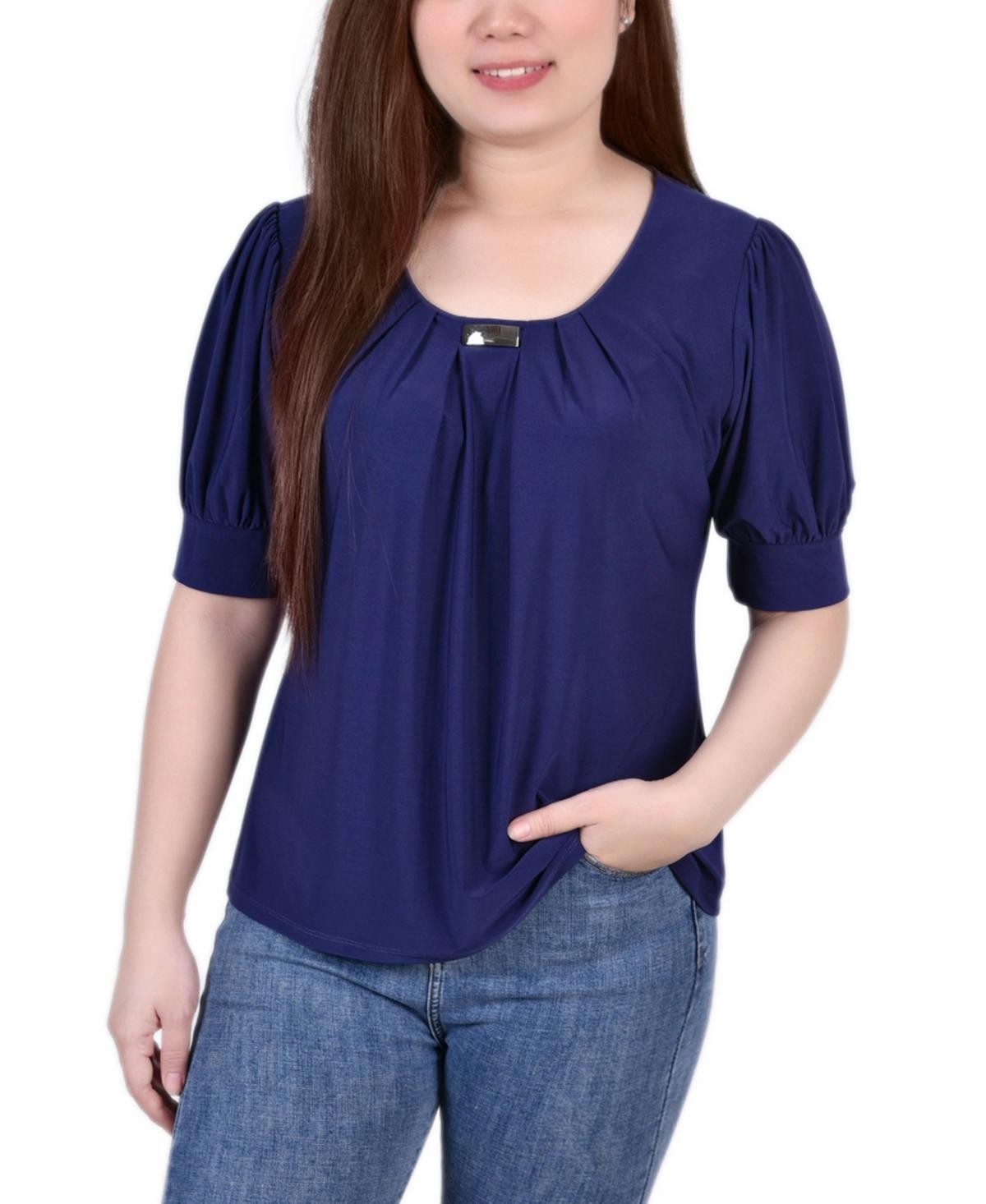 NY Collection Petite Puff Sleeve Pleated Front Blouse -BLUE Product Image