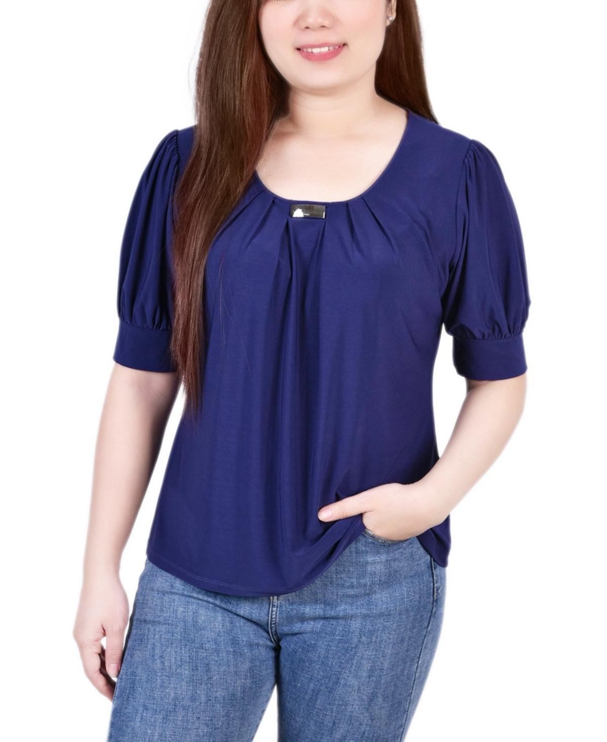 NY Collection Petite Puff Sleeve Pleated Front Blouse -BLUE Product Image