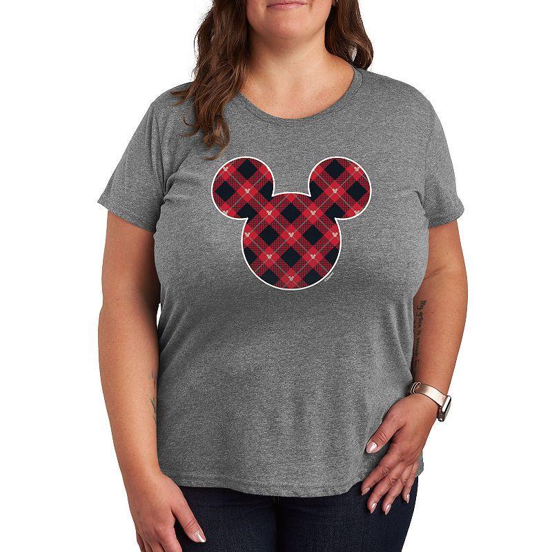 Disneys Mickey Mouse Plus Plaid Silhouette Graphic Tee, Womens Med Grey Product Image