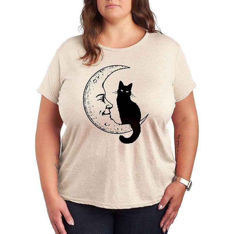 Plus Black Cat On Moon Graphic Tee, Womens Grey Gray Product Image