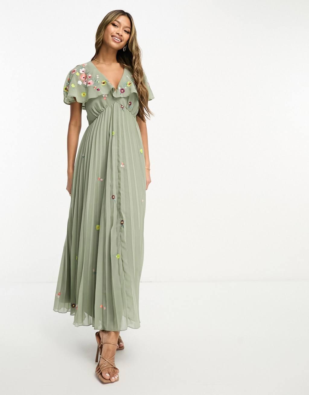 ASOS DESIGN v-neck angel sleeve pleat midi dress with all over embroidery Product Image