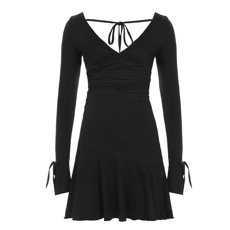 Bell Sleeve V-Neck Plain Open-Back Slim-Fit Mini A-Line Dress Product Image