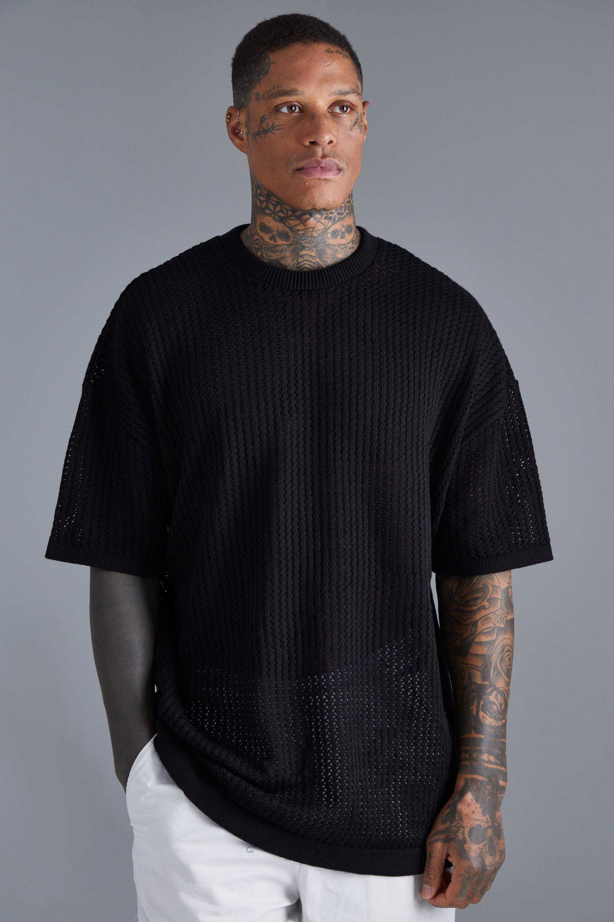 Mens Black Oversized Drop Shoulder Open Stitch T-shirt, Black Product Image