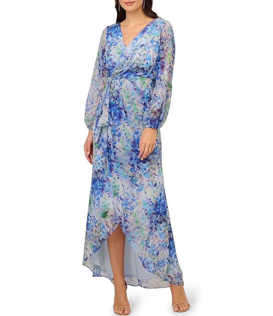 Adrianna Papell Printed Surplice V-Neck Long Sleeve Faux Wrap Dress Product Image