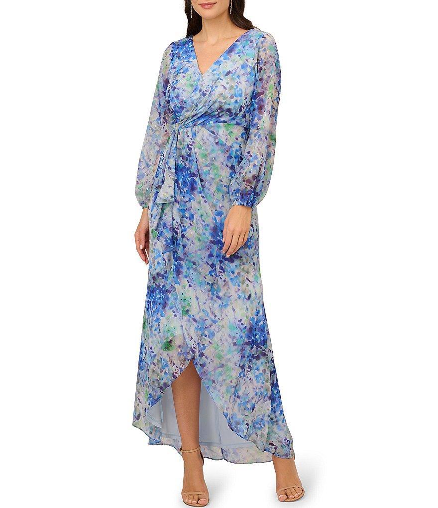 Adrianna Papell Petite Size Long Sleeve V-Neck Tie Waist Printed Chiffon Dress Product Image