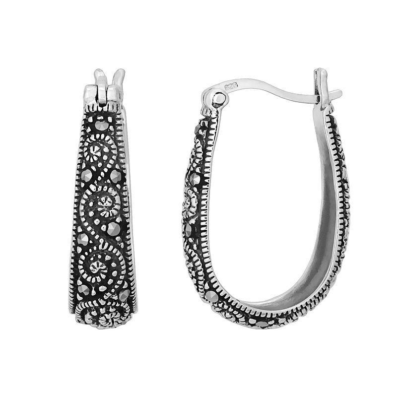 Tori Hill Sterling Silver Marcasite Oval Hoop Earrings, Womens, White Product Image