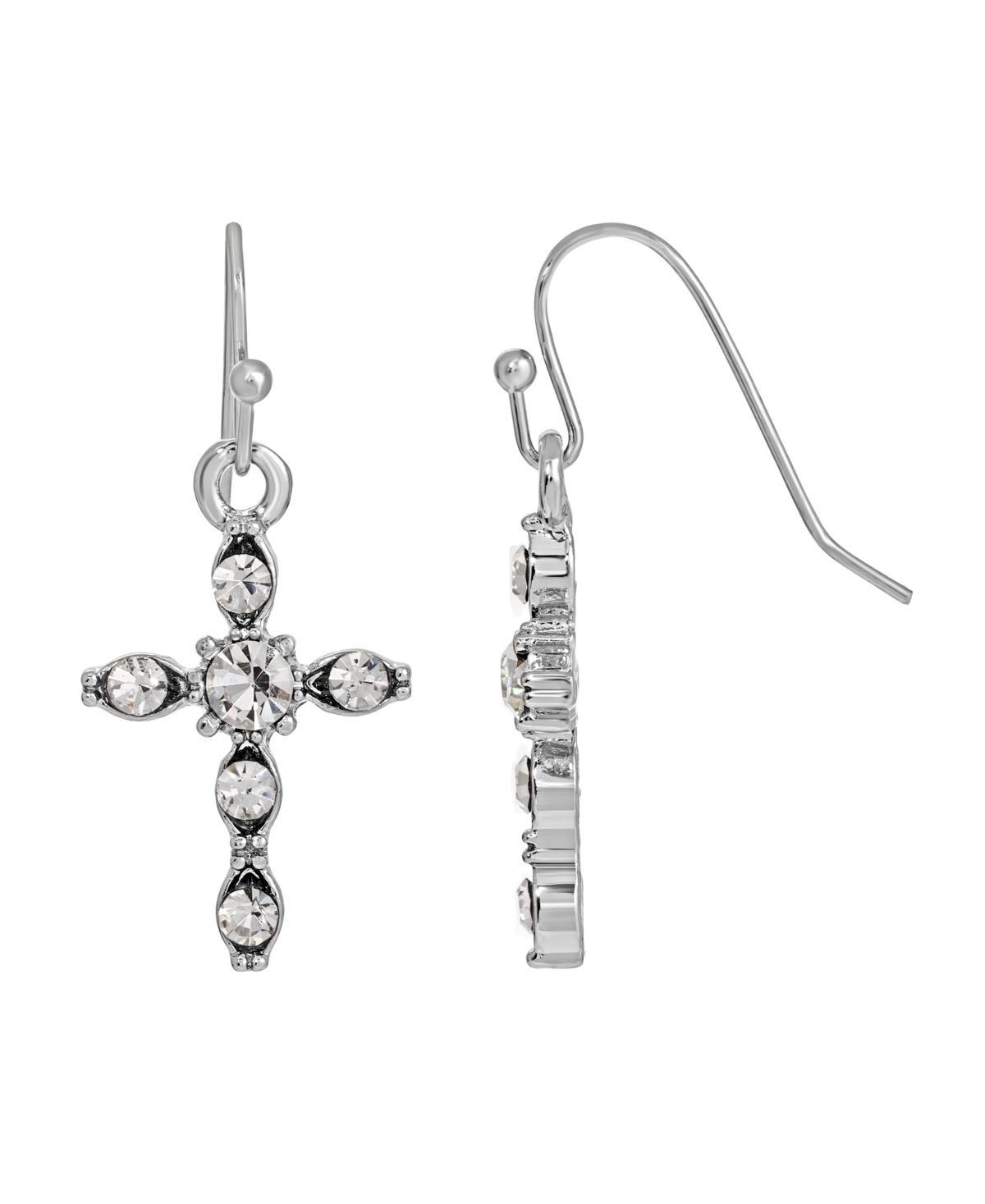 Symbols of Faith Silver-Tone Crystal Cross Drop Earrings, Womens Product Image