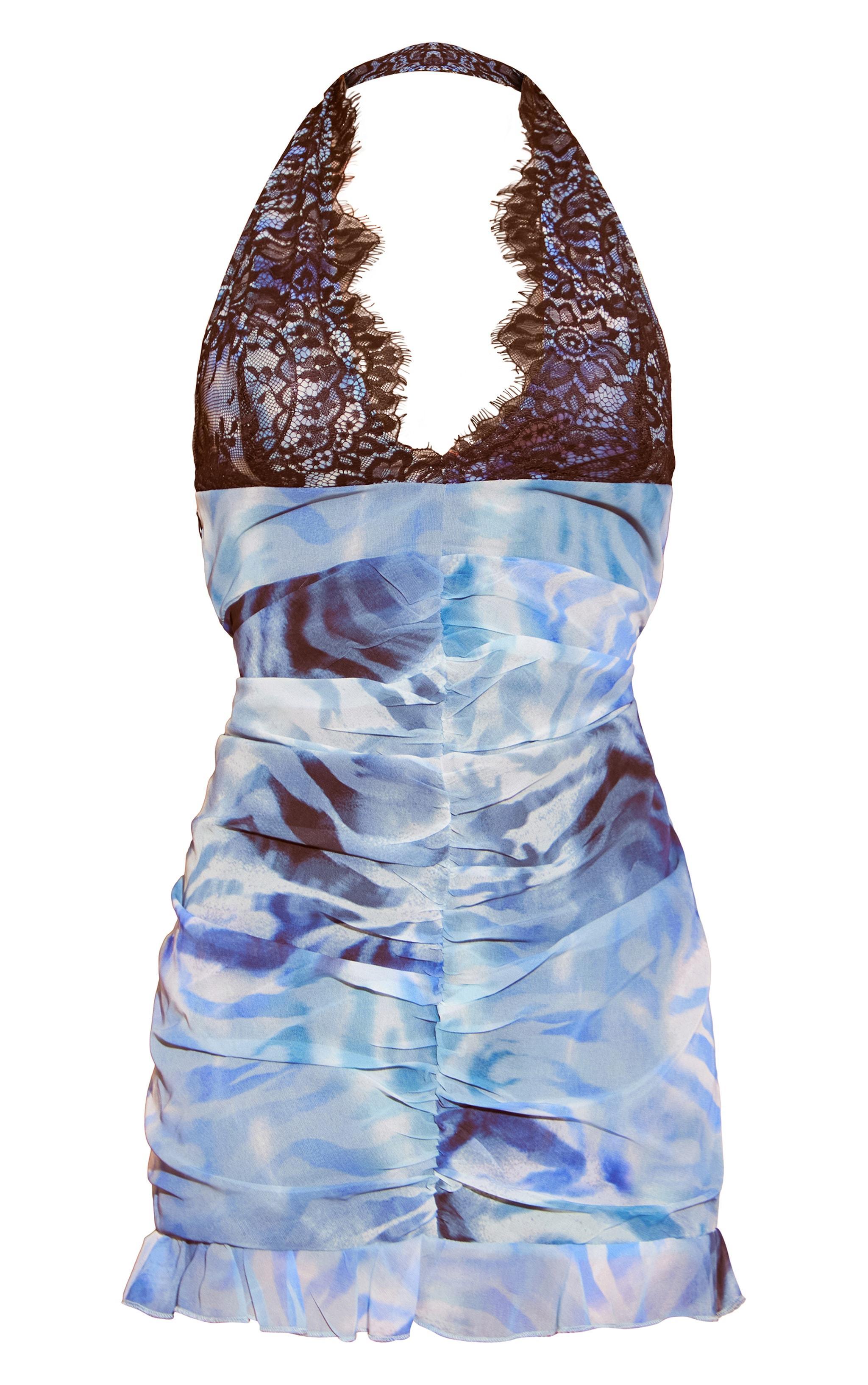 Blue Printed Lace Cup Ruched Front Mini Dress Product Image