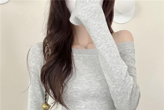 One-Shoulder Long-Sleeve Plain Knit Top Product Image