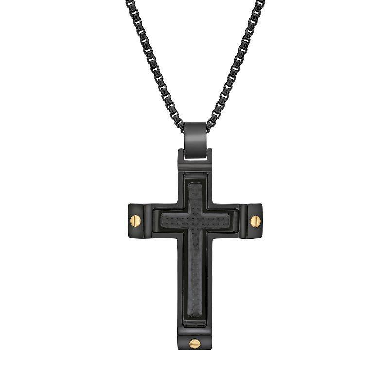 LYNX Mens Black Ion-Plated Stainless Steel Cross Necklace with Carbon Fiber Inlay Two Tone Product Image