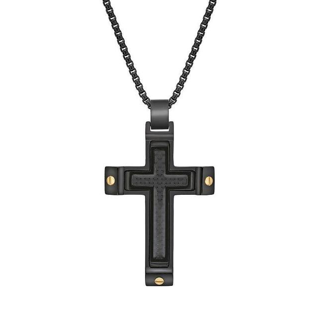 LYNX Mens Black Ion-Plated Stainless Steel Cross Necklace with Carbon Fiber Inlay Two Tone Product Image