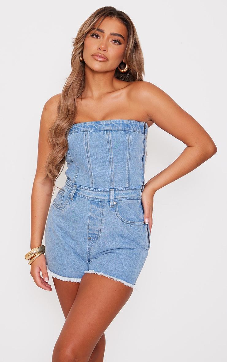 Light Blue Bandeau Raw Edge Denim Romper Product Image