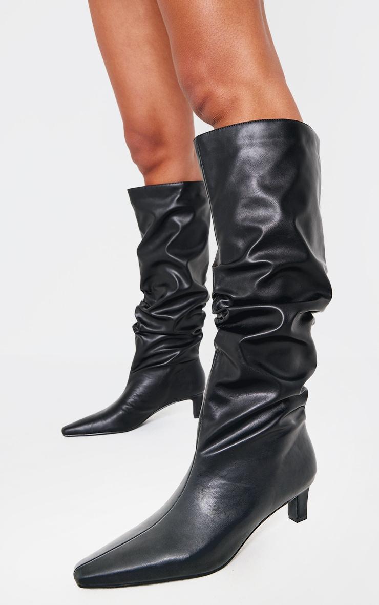 Black PU Slouchy Point Toe Low Stiletto Knee High Heeled Boots Product Image