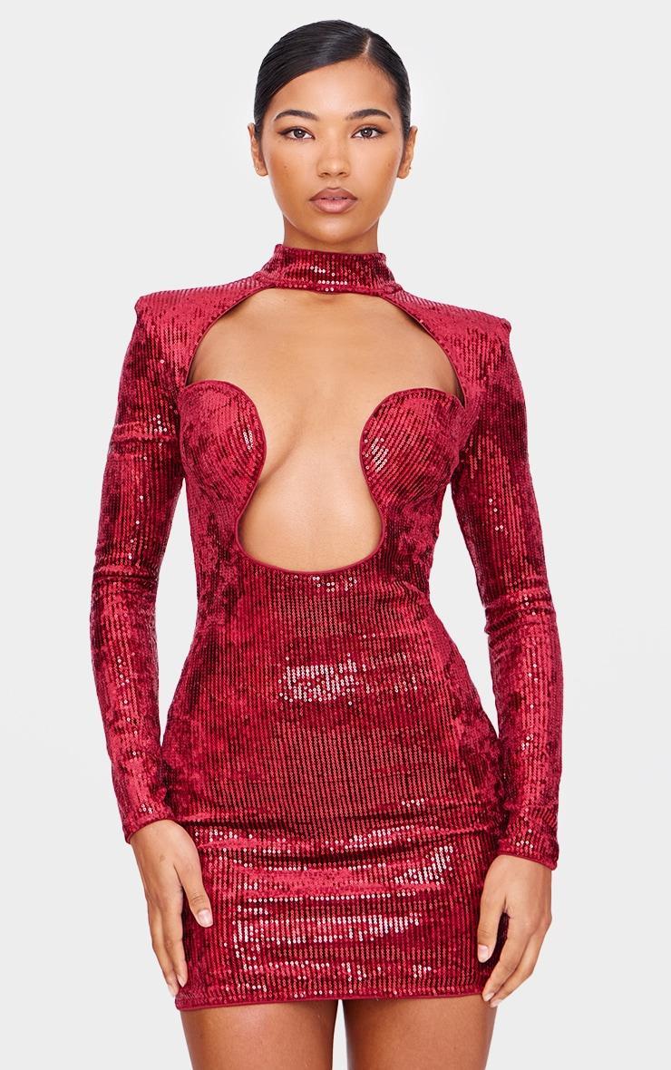 Cherry Red Sequin Underwire Detail Long Sleeve Bodycon Dress Product Image