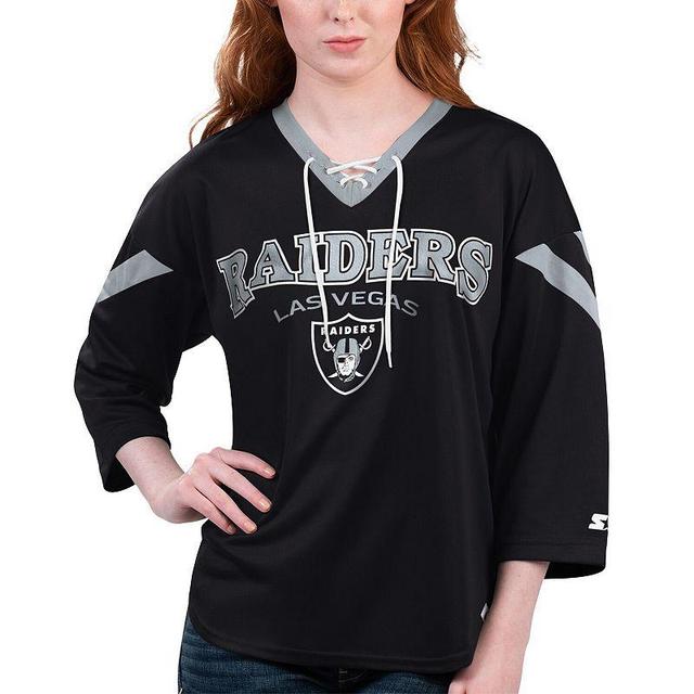 Womens Starter Black Las Vegas Raiders Rally Lace-Up 3/4 Sleeve T-Shirt Product Image