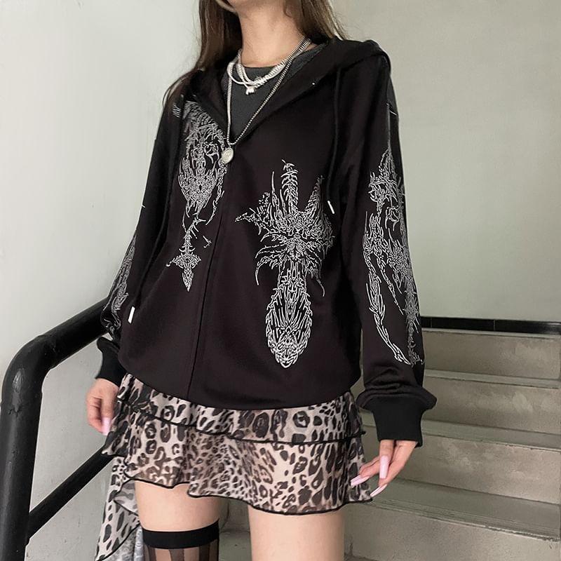 Drawstring Drop Shoulder Print Zip Hoodie Product Image