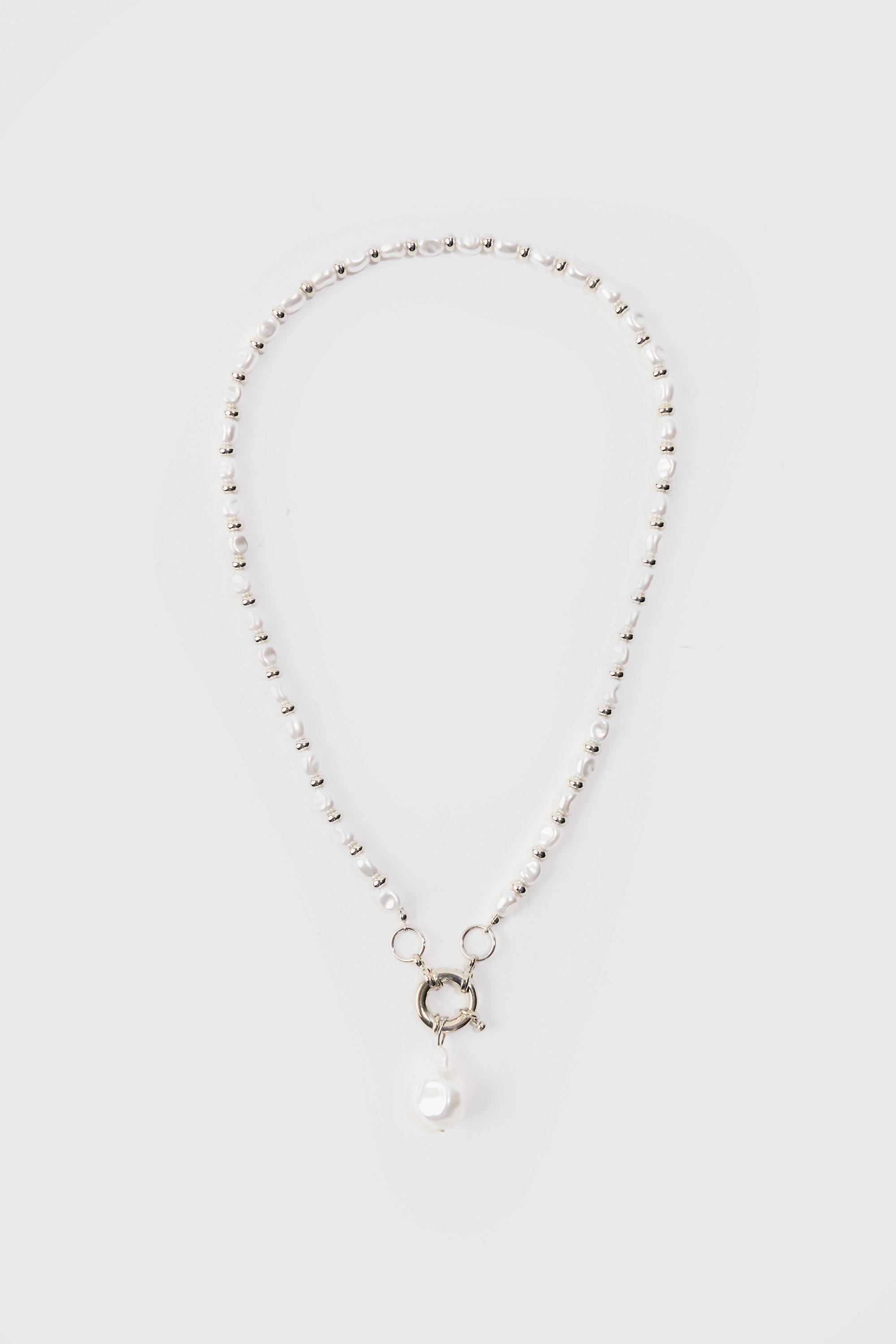 Pearl Pendant Necklace In Silver | boohooMAN USA Product Image