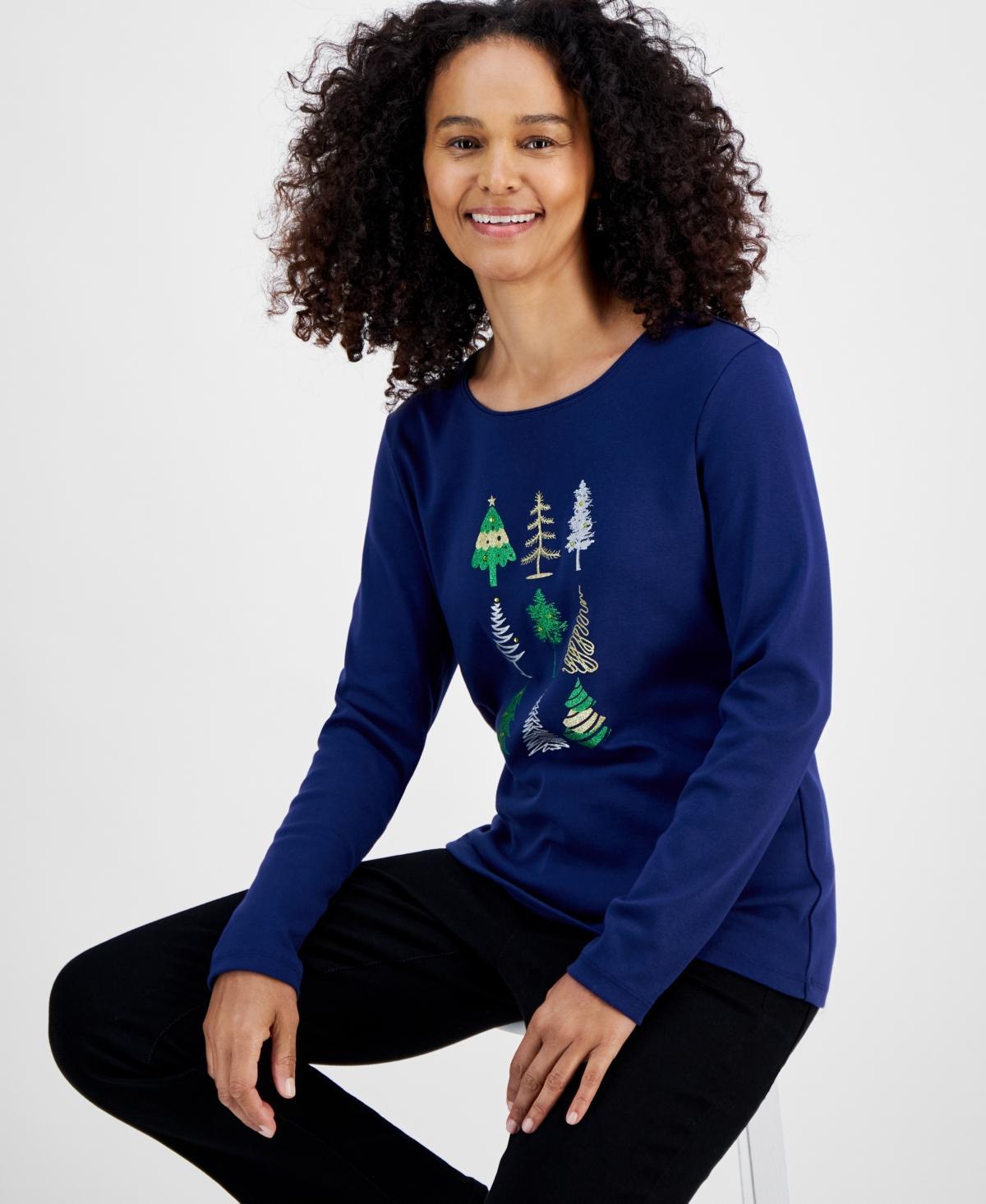 Holiday Lane Womens Festive Tree Long-Sleeve Top, Created for Macys Product Image