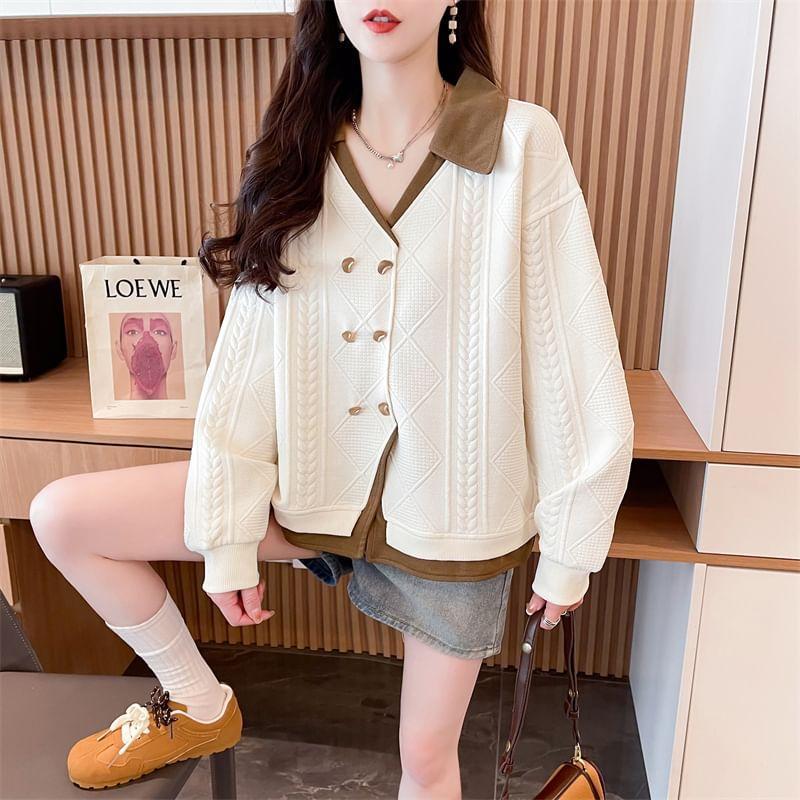 V-Neck Collared Mock Two-Piece Two Tone Jacquard Button-Up Jacket Product Image