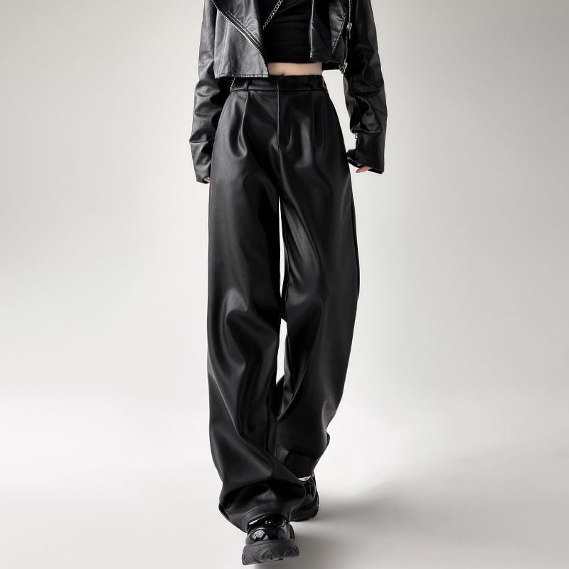 High Rise Plain Faux Leather Loose Fit Slacks (Various Designs) Product Image