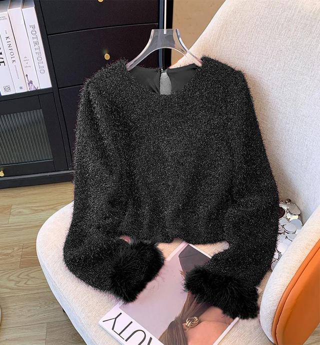 Fluffy Long Sleeve Crew Neck Plain Cropped Sweater Product Image