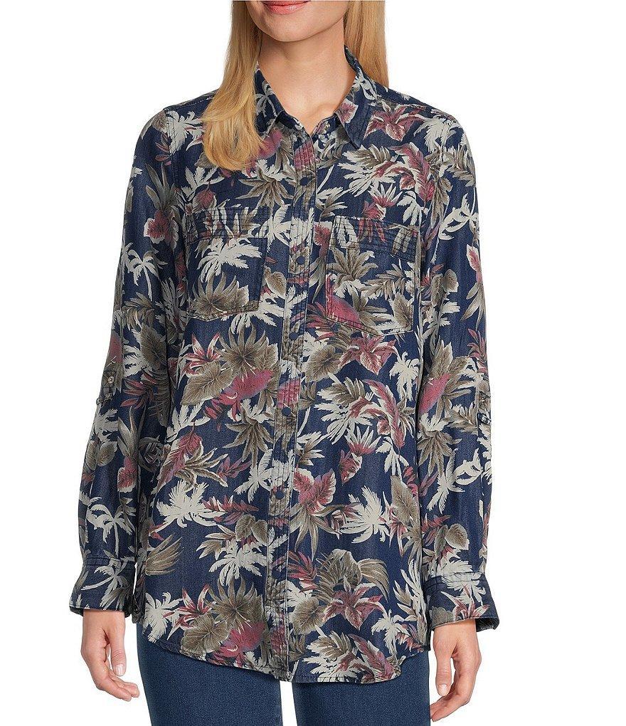 Intro Lyocell Tropical Print Collared Long Roll-Tab Sleeve Snap-Front Shirt Product Image