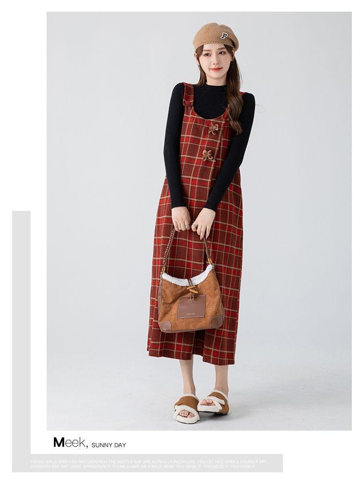 Maternity Long-Sleeve Mock Neck Plain Slim Fit Top / Plaid Bow Midi A-Line Pinafore Dress Product Image