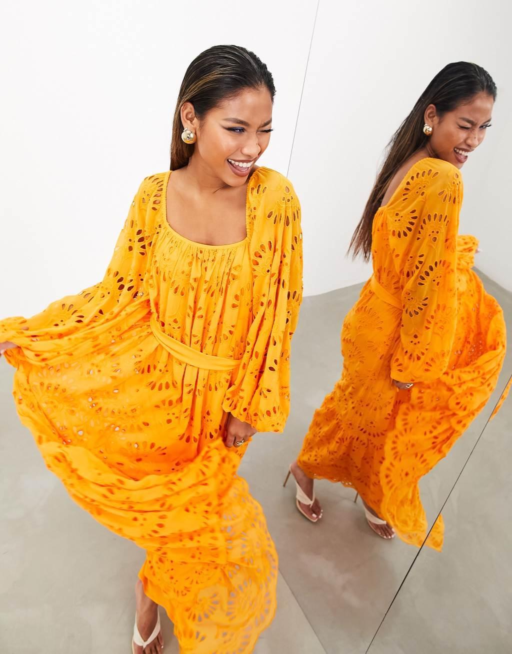 ASOS EDITION eyelet long sleeve maxi dress with belt in orange Product Image