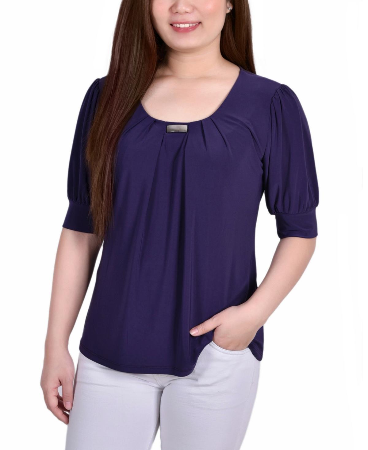 NY Collection Petite Puff Sleeve Pleated Front Blouse -BLUE Product Image