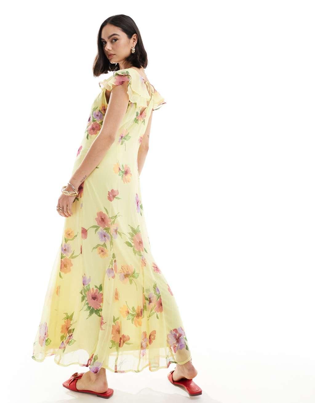 Vero Moda frill sleeve maxi dress in lemon floral Product Image