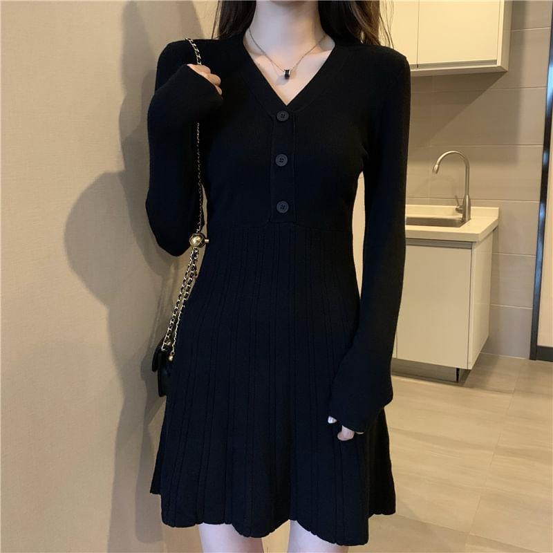 Long Sleeve V-Neck Plain Button Knit Mini A-Line Dress Product Image