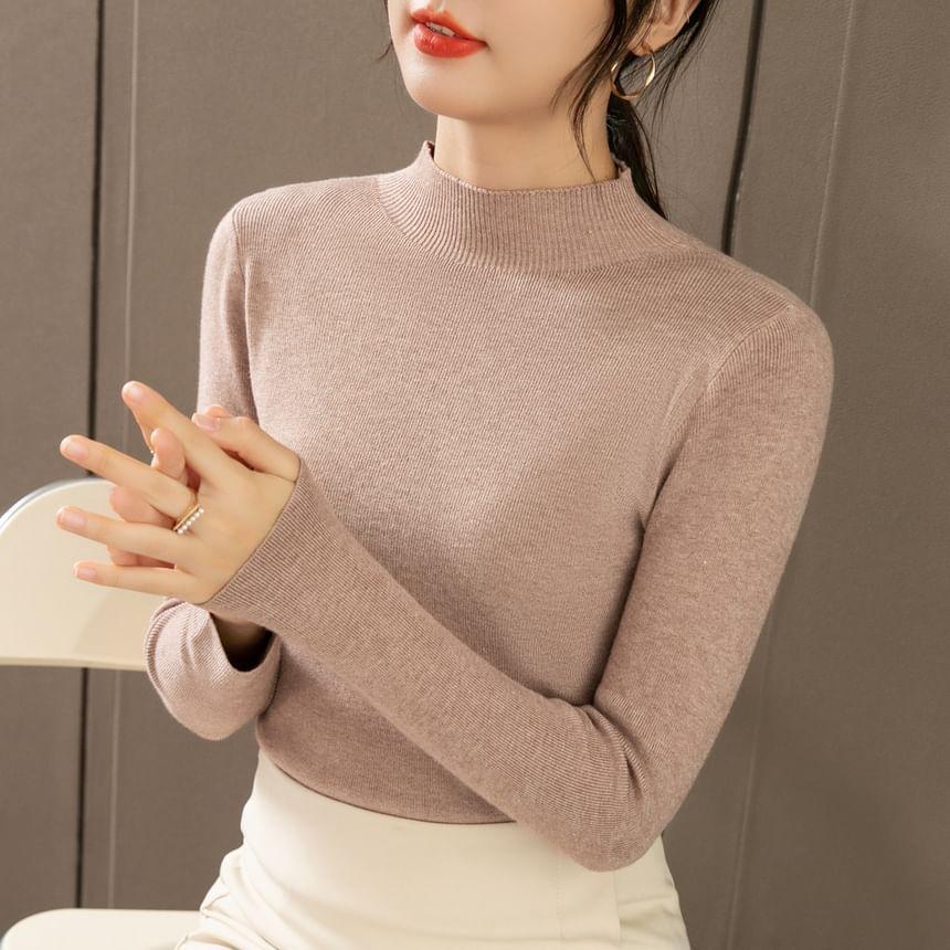 Long Sleeve Mock Neck Plain Ribbed Knit Top Product Image