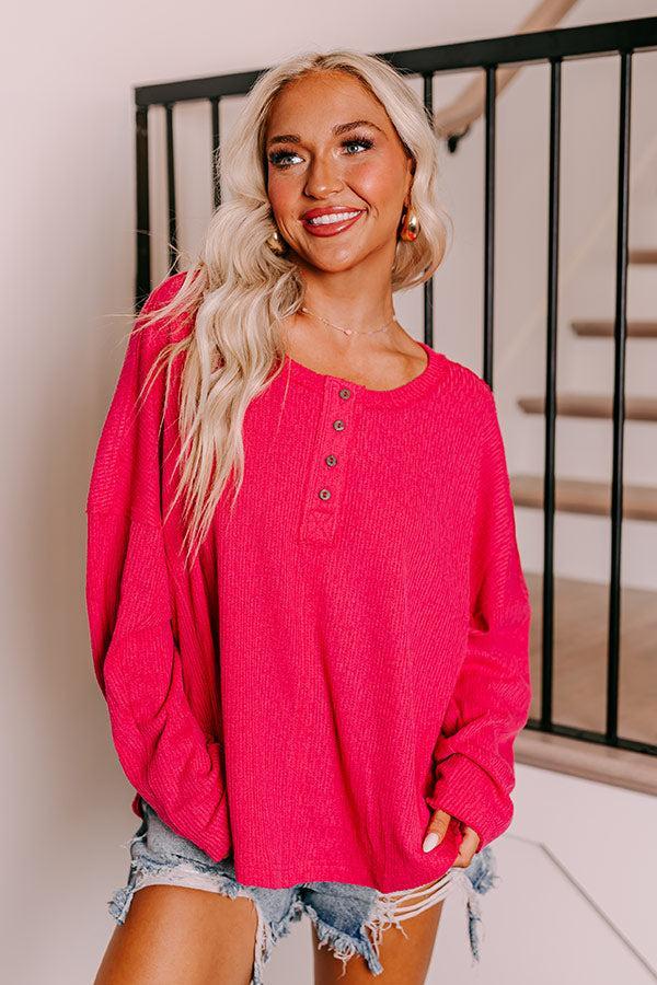 Breezy Times Oversized Henley Top In Hot Pink Product Image