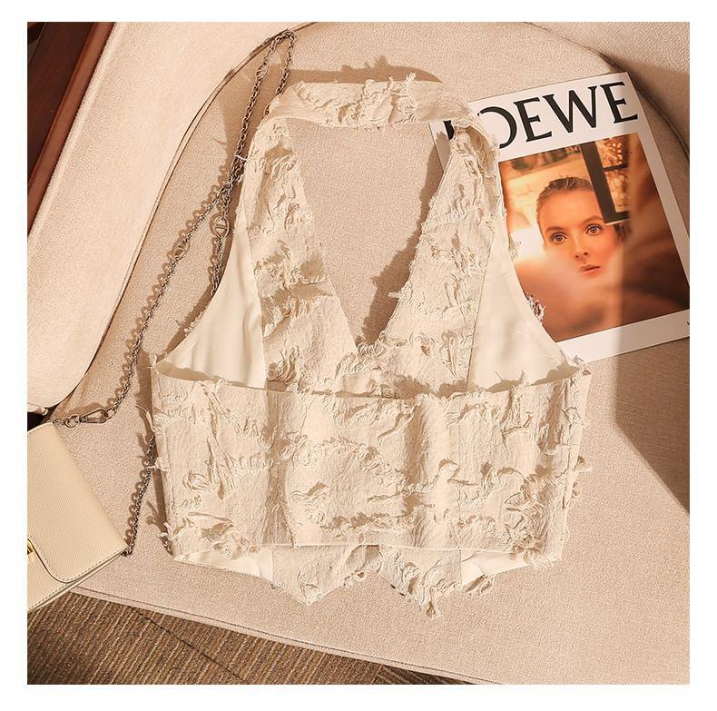 Halter V-Neck Plain Fringed Open Back Button-Up Crop Vest Product Image