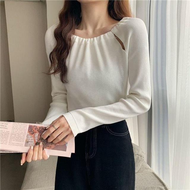 Long Sleeve Scoop Neck Plain Cut Out Knit Top Product Image