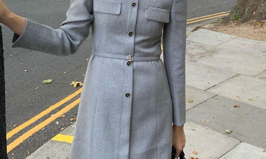 Long-Sleeve Button-Up Plain A-Line Coat Dress Product Image