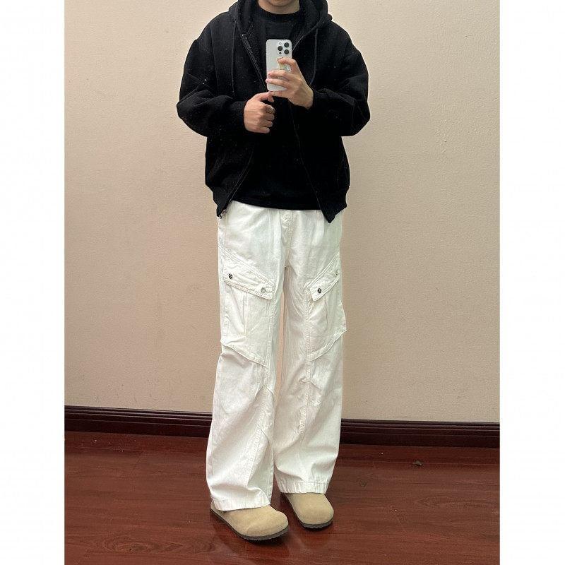 Mid Rise Plain Wide Leg Cargo Pants Product Image