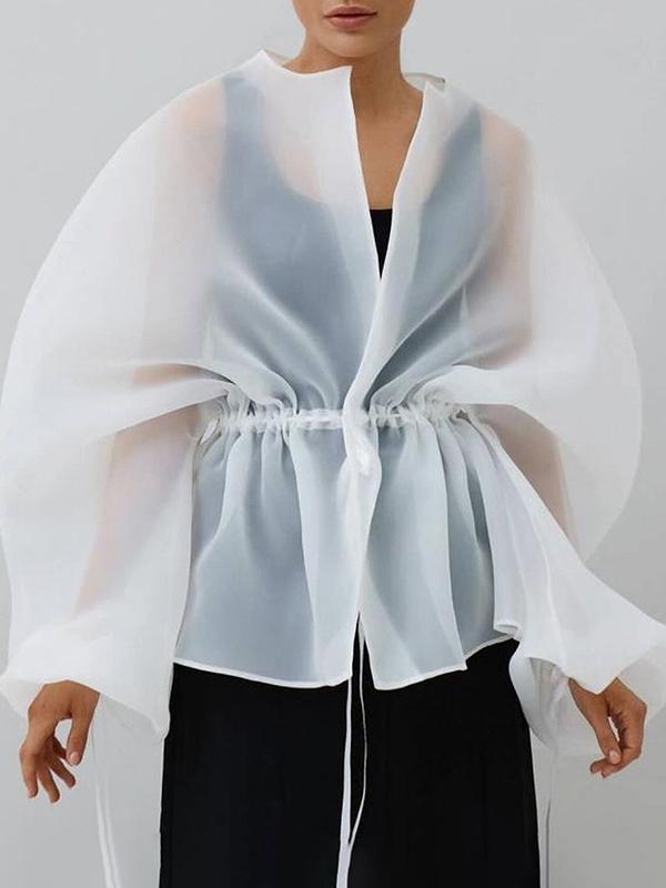 Long Sleeves Loose Drawstring See-Through Transparent Blouses&shirts Tops Product Image