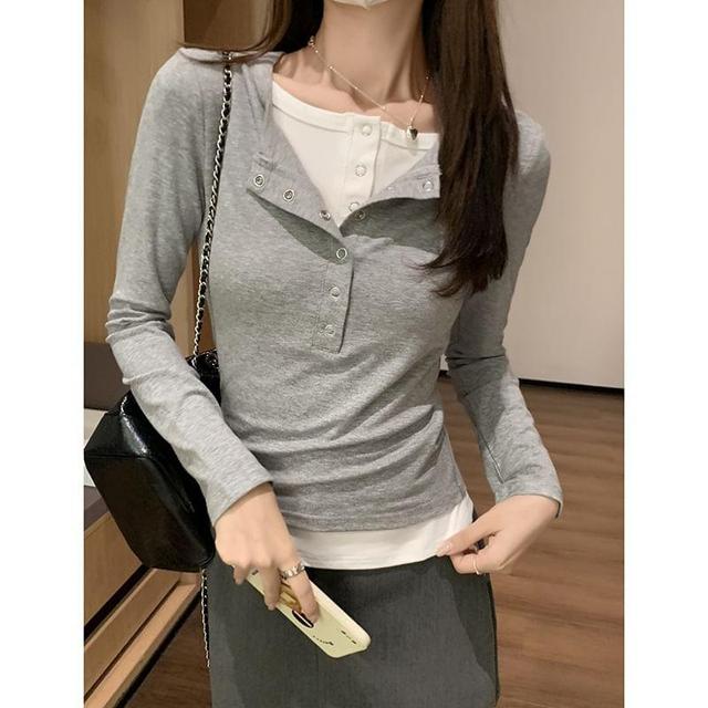 Long Sleeve Henley Mock Two Piece Tee Product Image