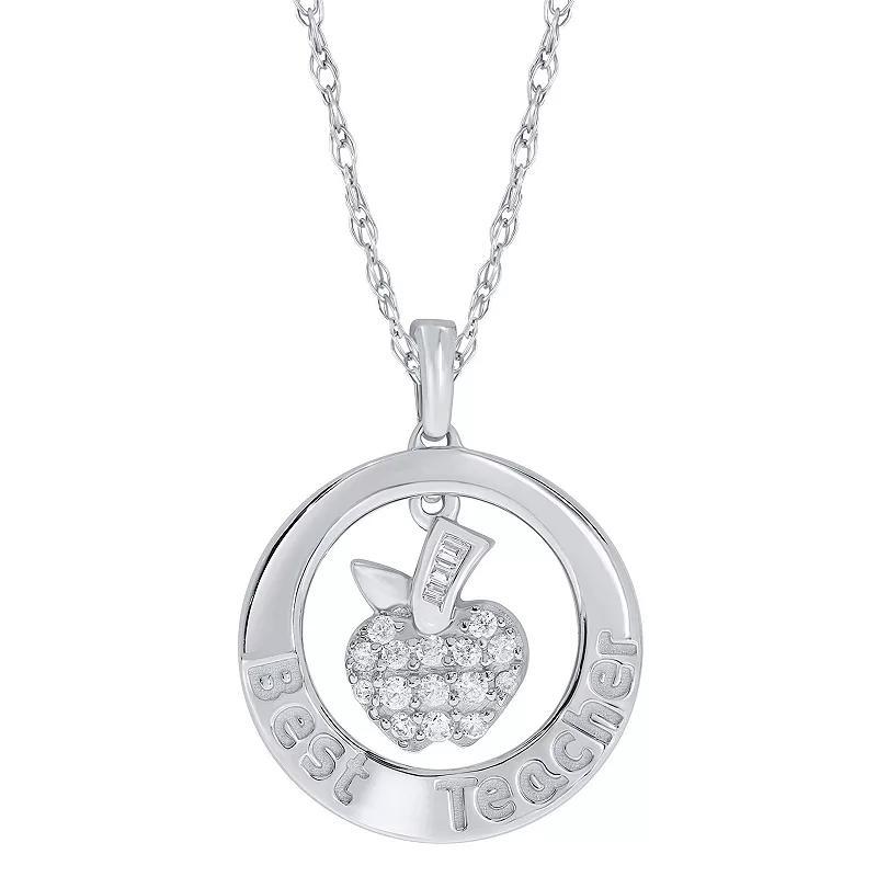 Sterling Silver 1/6 Carat T.W. Diamond Best Teacher Apple Pendant Necklace, Womens Product Image