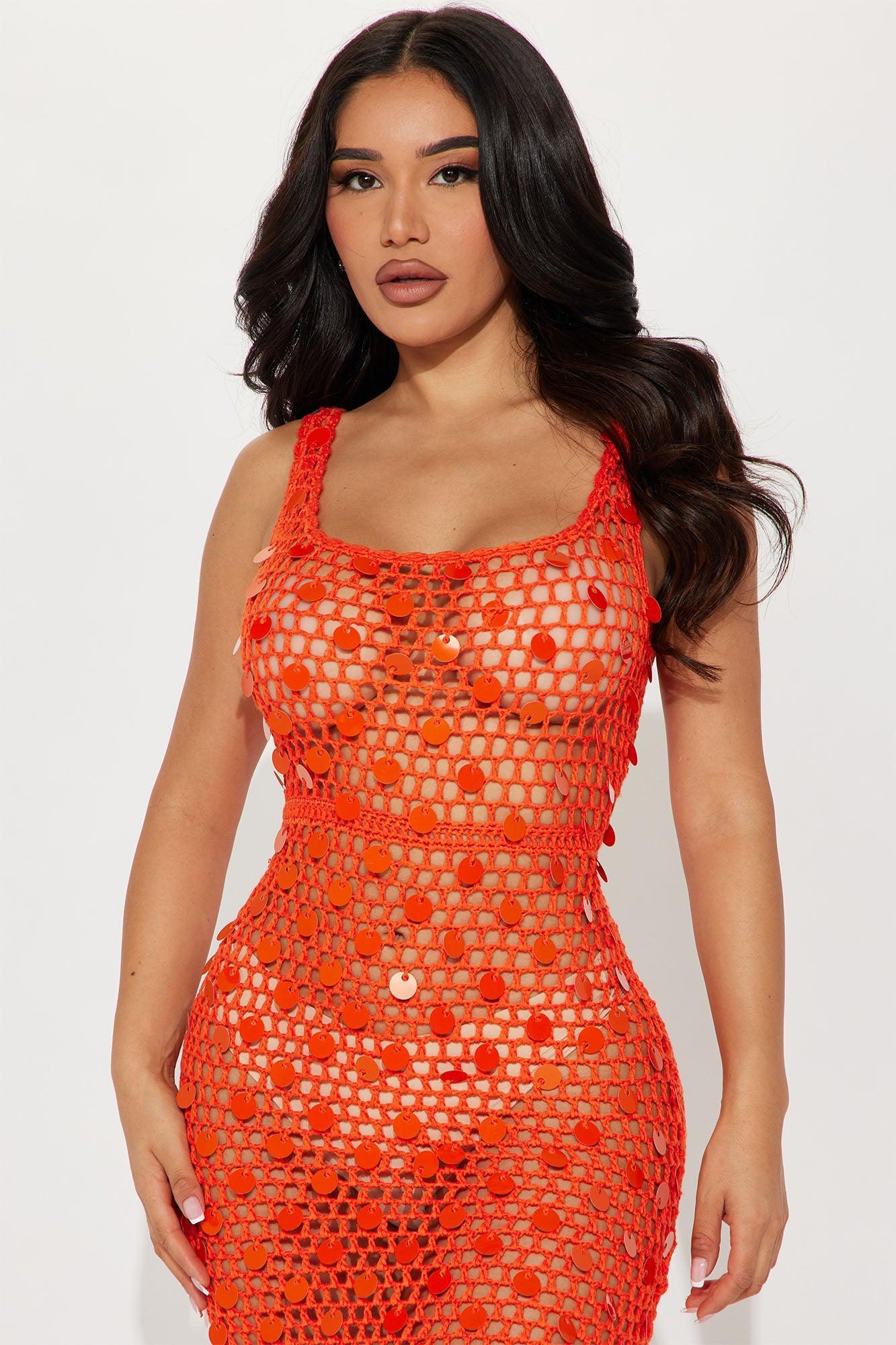 Lydia Sequin Crochet Midi Dress - Orange Product Image