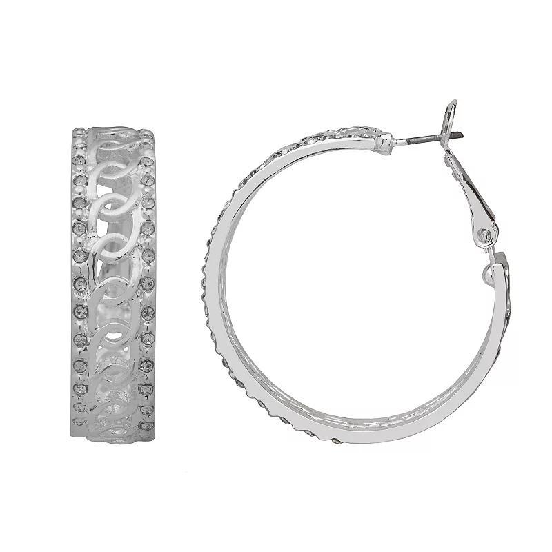 Emberly Silver Tone Crystal Chain Link Center Hoop Earrings, Womens Product Image