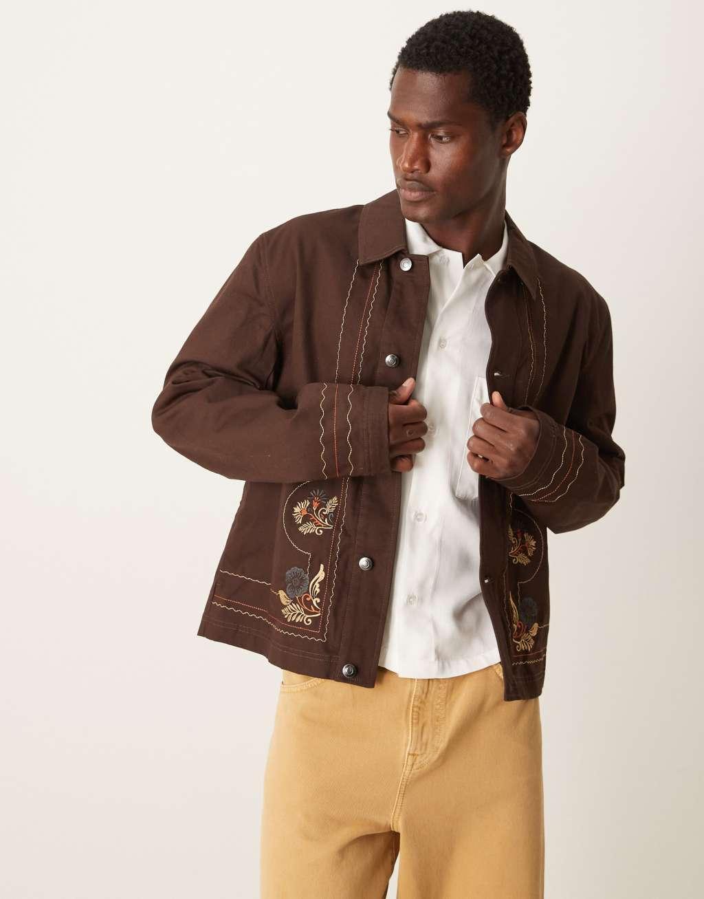 ASOS DESIGN embroidered harrington jacket in brown Product Image