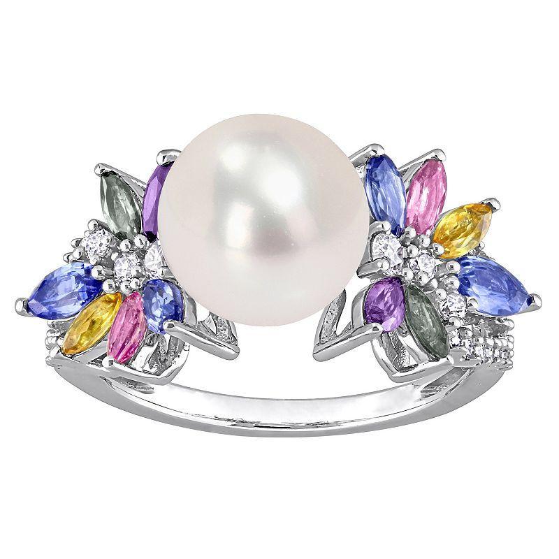 Stella Grace 14k White Gold Freshwater Cultured Pearl, Multicolor Sapphire & 1/8 Carat T.W. Diamond Flower Ring, Womens Product Image