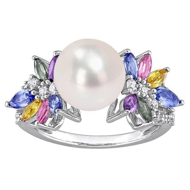 Stella Grace 14k White Gold Freshwater Cultured Pearl, Multicolor Sapphire & 1/8 Carat T.W. Diamond Flower Ring, Womens Product Image