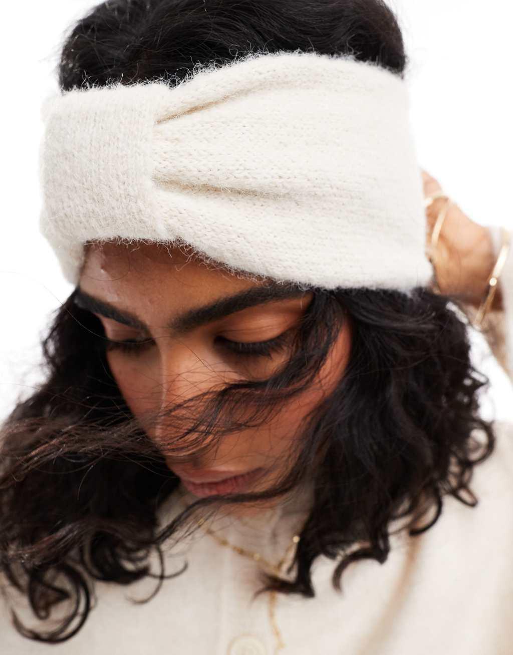 ASOS DESIGN wool mix knit headband in bow design in winter white Product Image