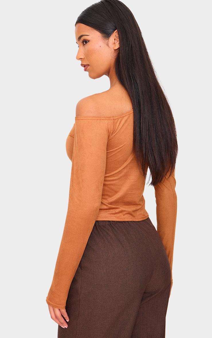 Tan Faux Suede Asymmetric Neck Long Sleeve Top Product Image