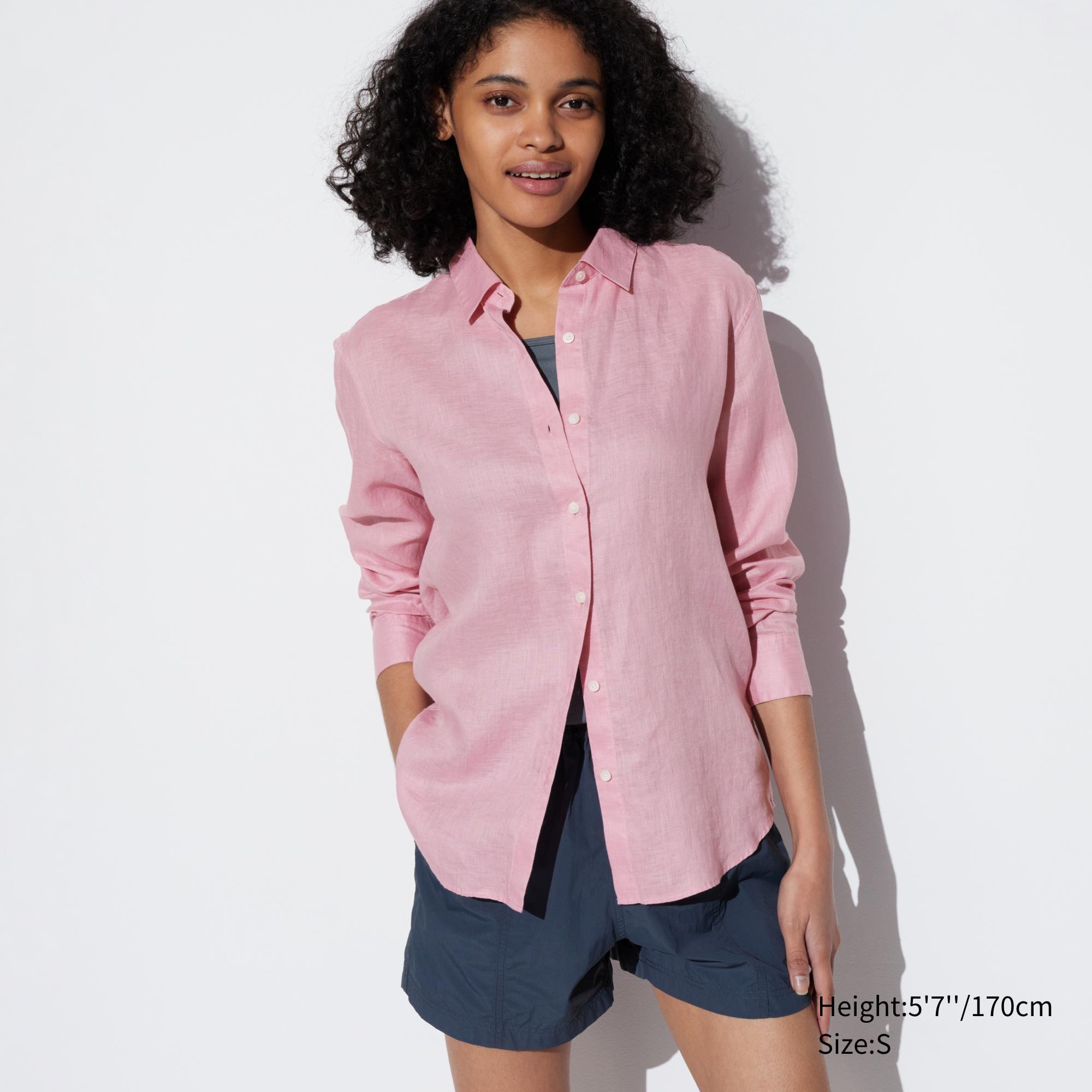 Womens Premium Linen Long-Sleeve Shirt Pink Medium UNIQLO US product image