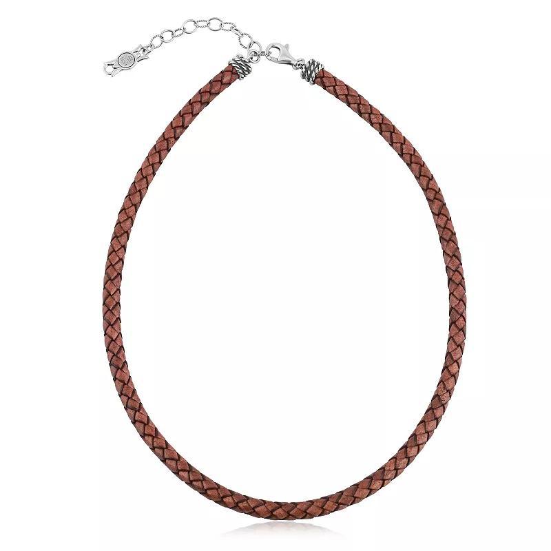 Southwest Spirit Sterling Silver and Braided White Leather Necklace, Womens Red Brown Product Image